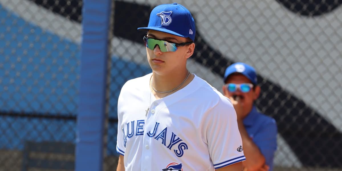 BRADENTON, FL - MARCH 07: Toronto Blue Jays first baseman Cavan Biggio (8)  looks on during an MLB Spring Training game against the Pittsburgh Pirates  on March 07, 2023 at LECOM Park