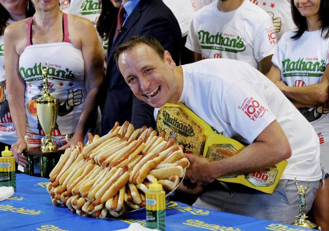 Joey Chestnut throwing 1st pitch for Blue Jays' Loonie Dogs Night