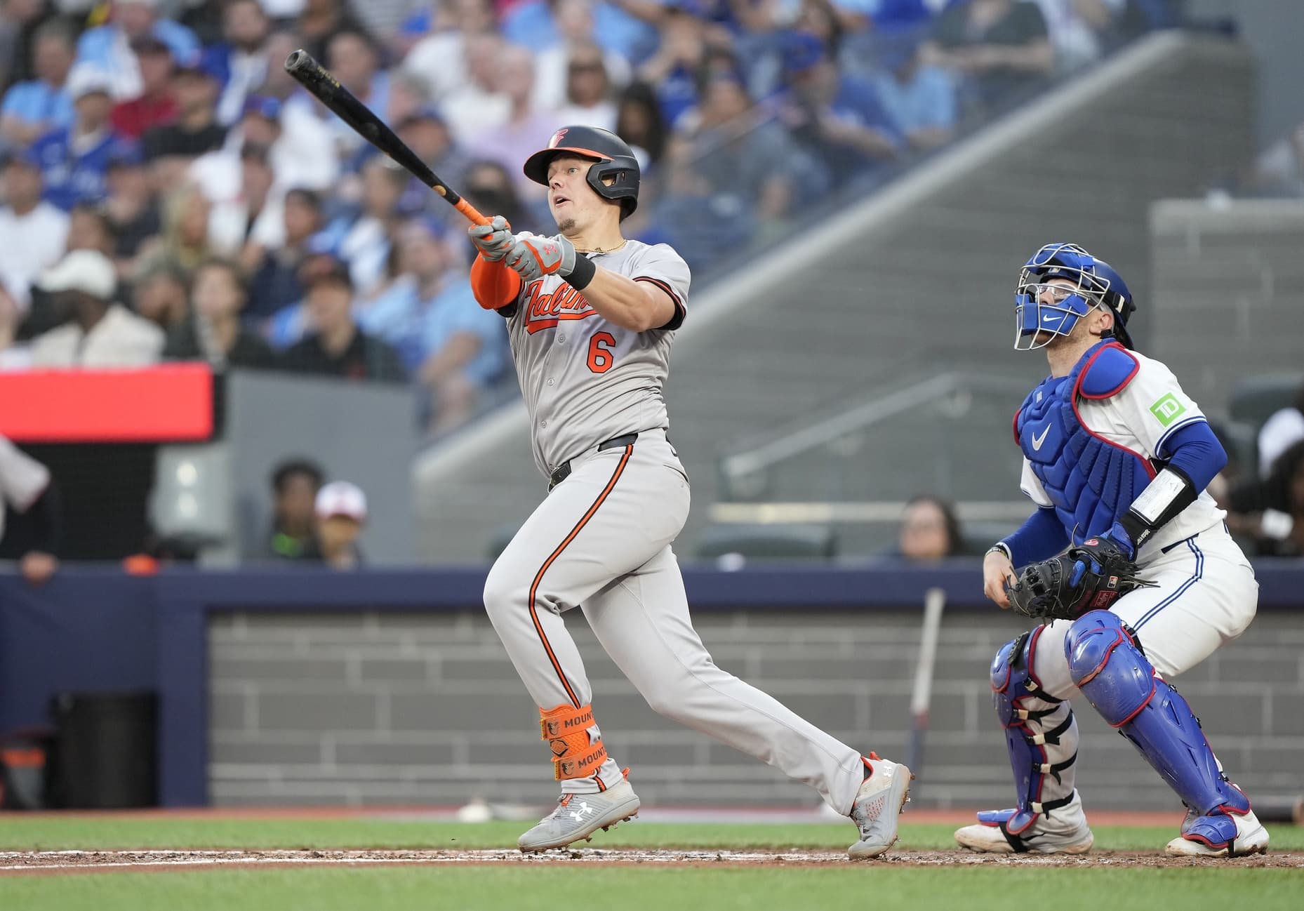 Baltimore Orioles first baseman Ryan Mountcastle (6) hits a three-run home run against the Toronto Blue Jays during the third inning at Rogers Centre.