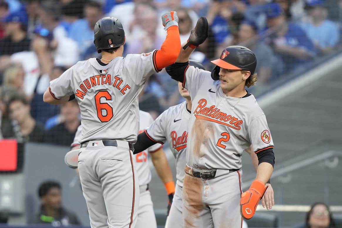 Baltimore Orioles shortstop Gunnar Henderson (2) congratulates first baseman Ryan Mountcastle (6) on his three-run home run against the Toronto Blue Jays during the third inning at Rogers Centre.