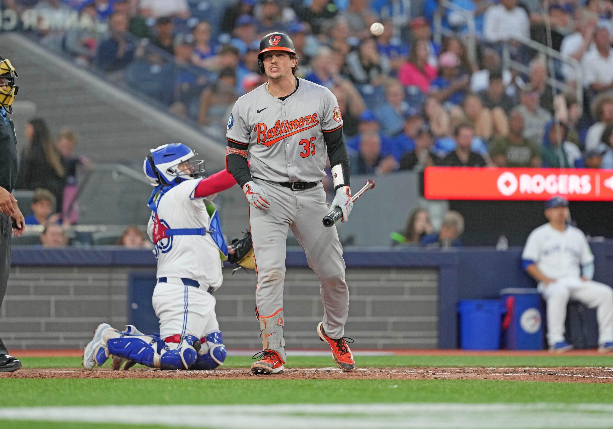 Baltimore Orioles catcher Adley Rutschman (35) reacts after striking out against the Toronto Blue Jays during the fifth inning at Rogers Centre.