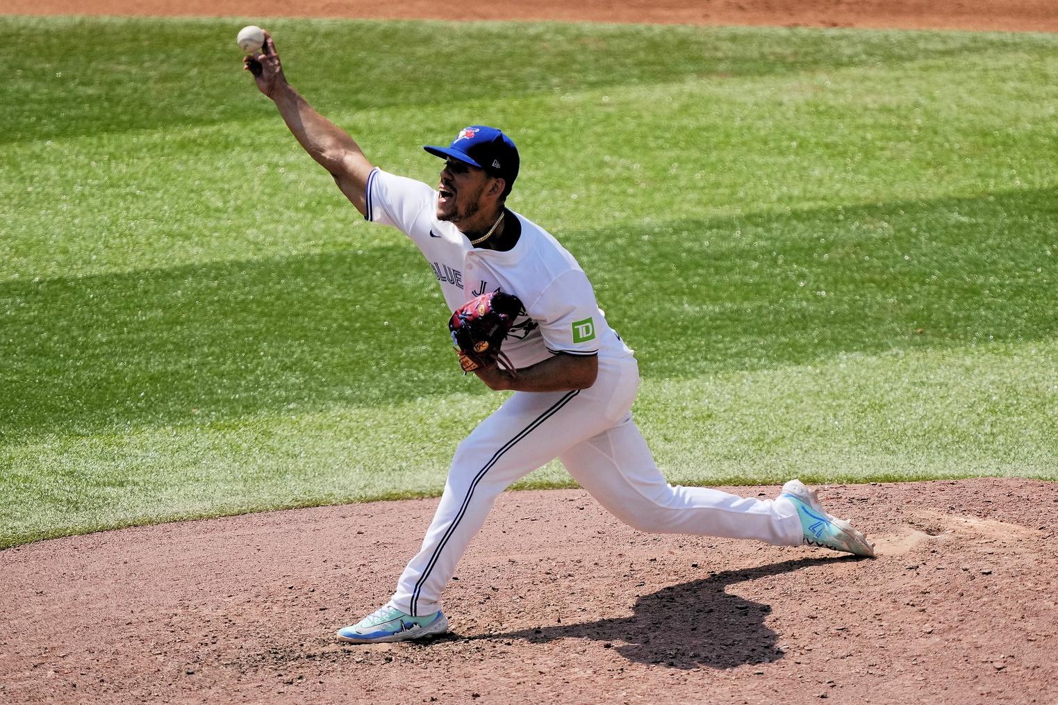 oronto Blue Jays starting pitcher Jose Berrios (17) pitches to the Texas Rangers during the sixth inning at Rogers Centre.