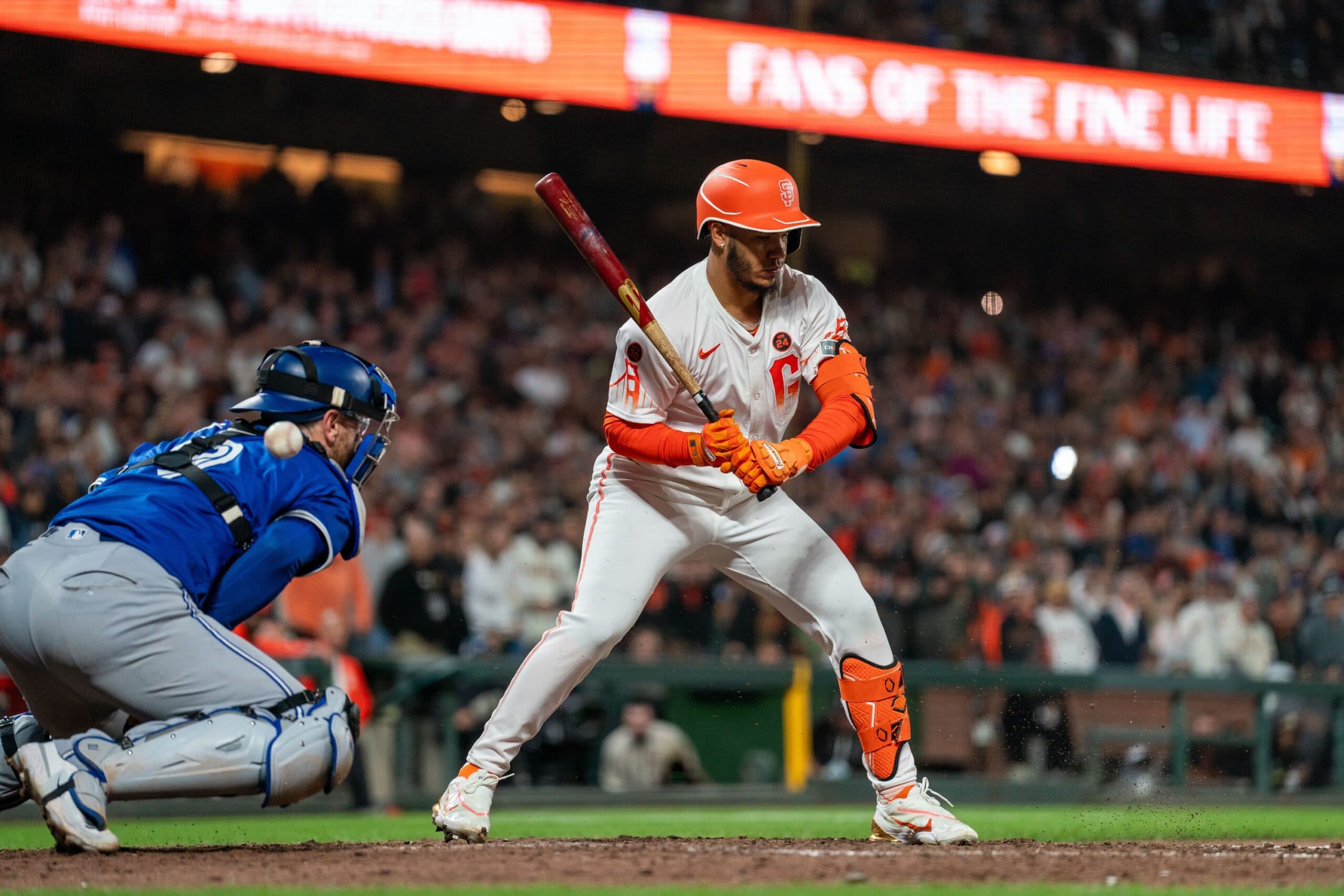 Toronto Blue Jays pitcher Trevor Richards (not pictured) wild pitch against San Francisco Giants second baseman Thairo Estrada (39) during the ninth inning at Oracle Park.