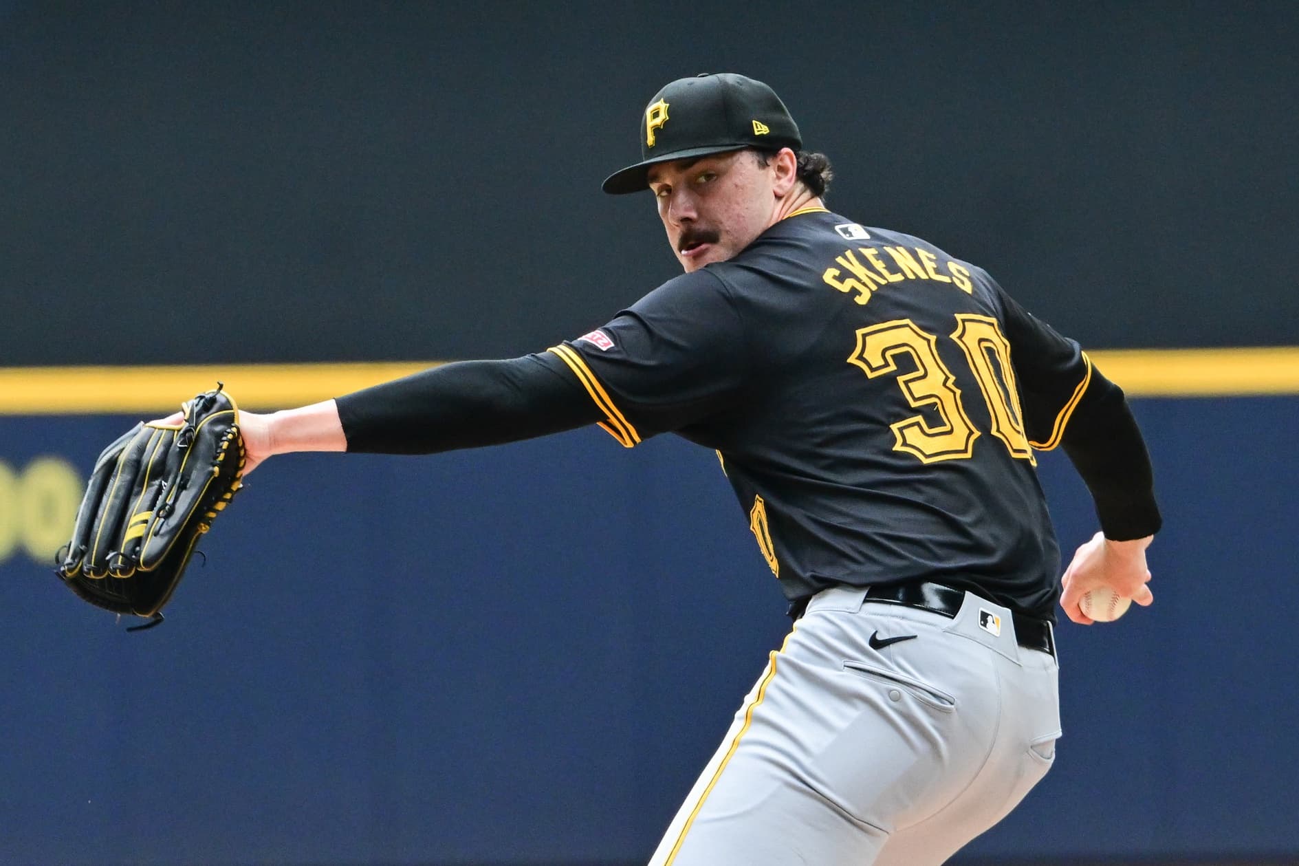 Pittsburgh Pirates pitcher Paul Skenes (30) pitches against the Milwaukee Brewers in the first inning at American Family Field.