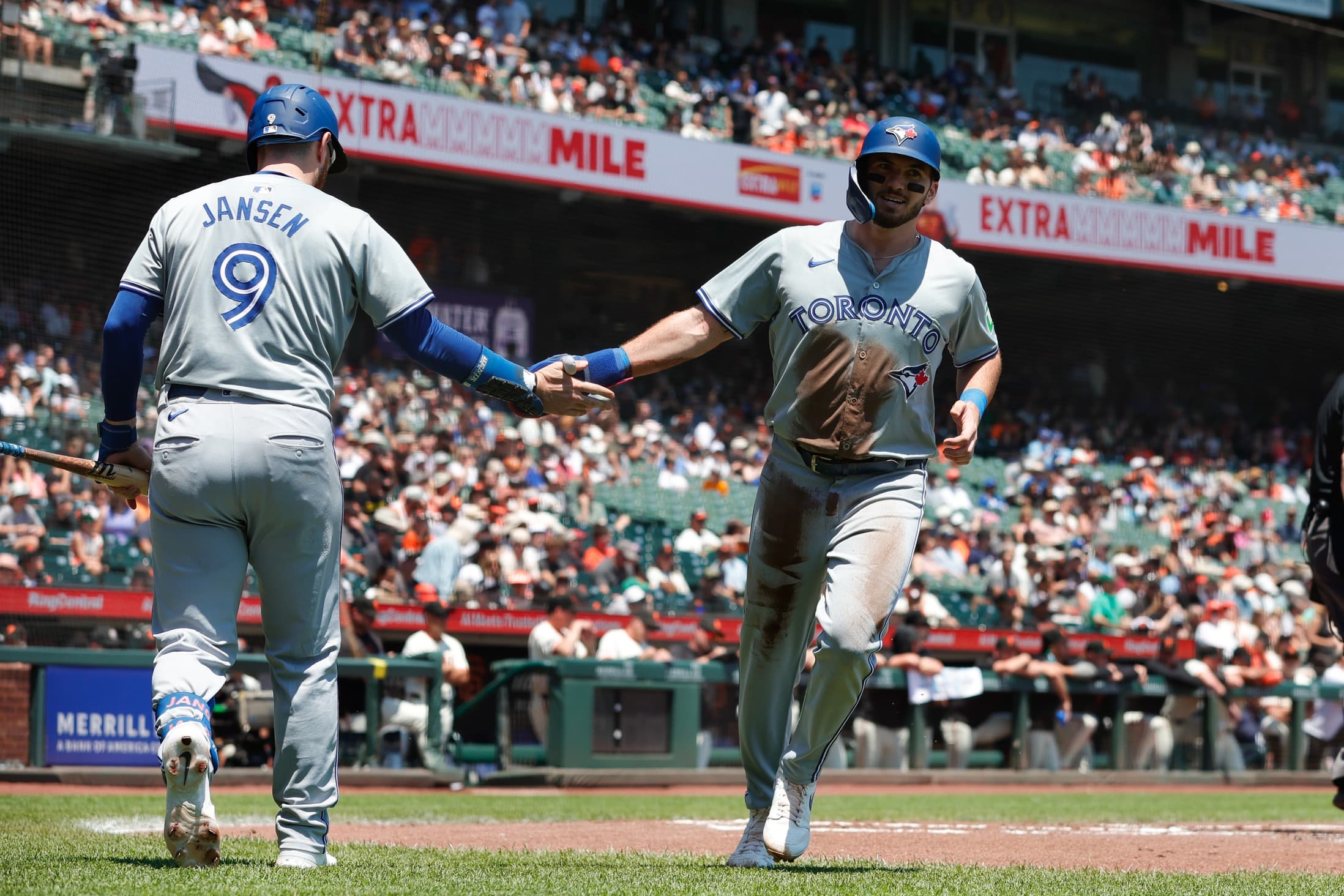 Toronto Blue Jays second base Spencer Horwitz (48) scores a run during the first inning against the San Francisco Giants at Oracle Park