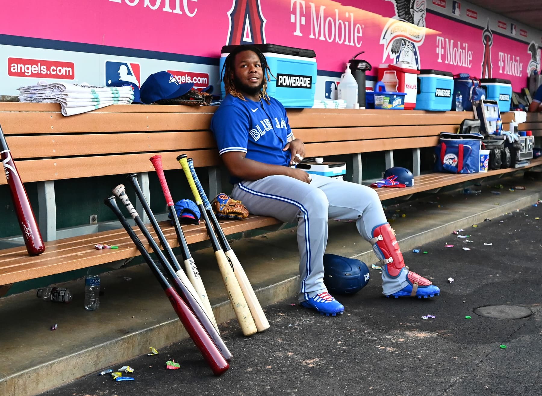 Toronto Blue Jays first baseman Vladimir Guerrero Jr. gets ready in the dugout before the game against the Los Angeles Angels at Angel Stadium