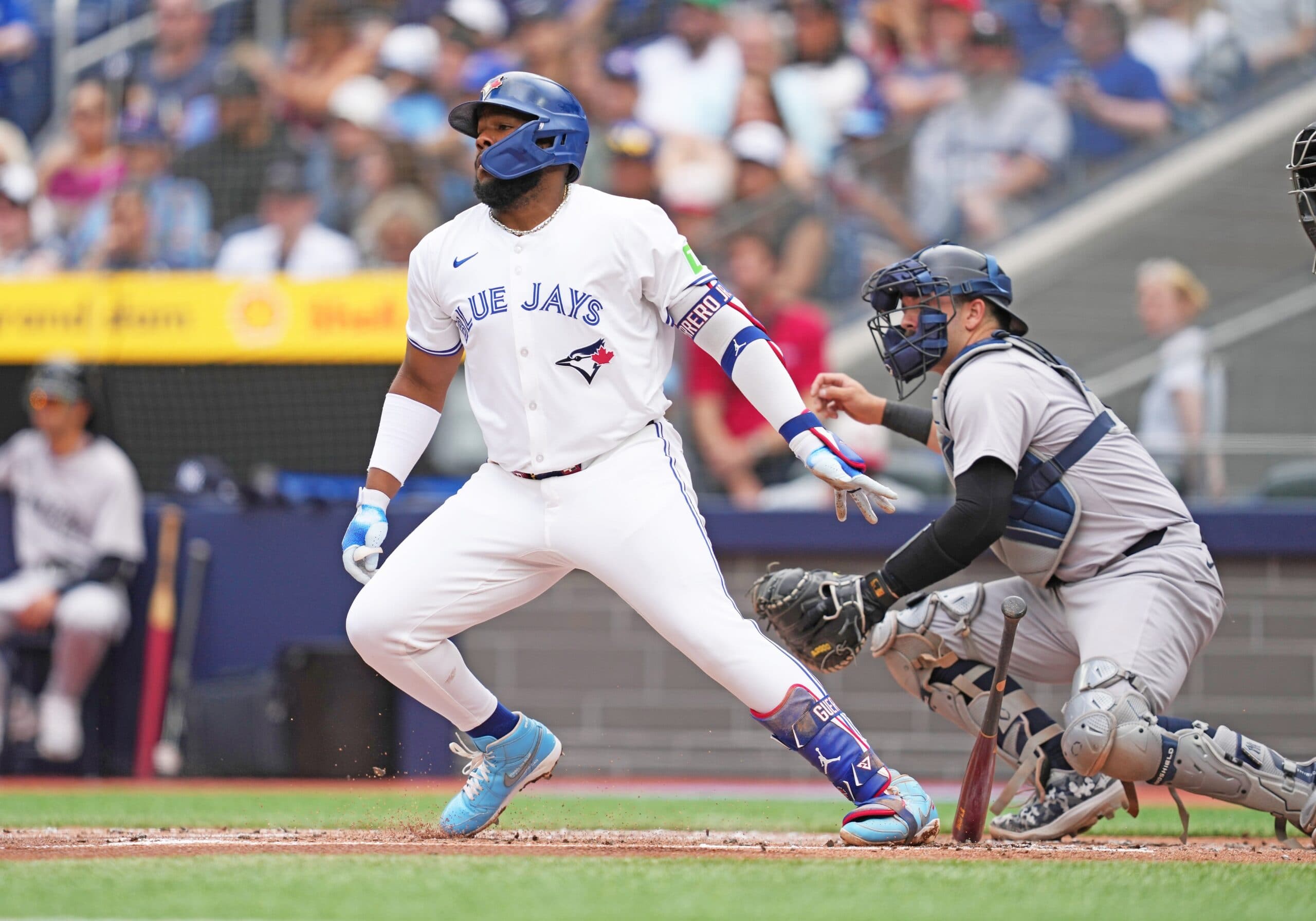 Toronto Blue Jays first base Vladimir Guerrero Jr. (27) reacts after hitting a single against the New York Yankees during the first inning at Rogers Centre.