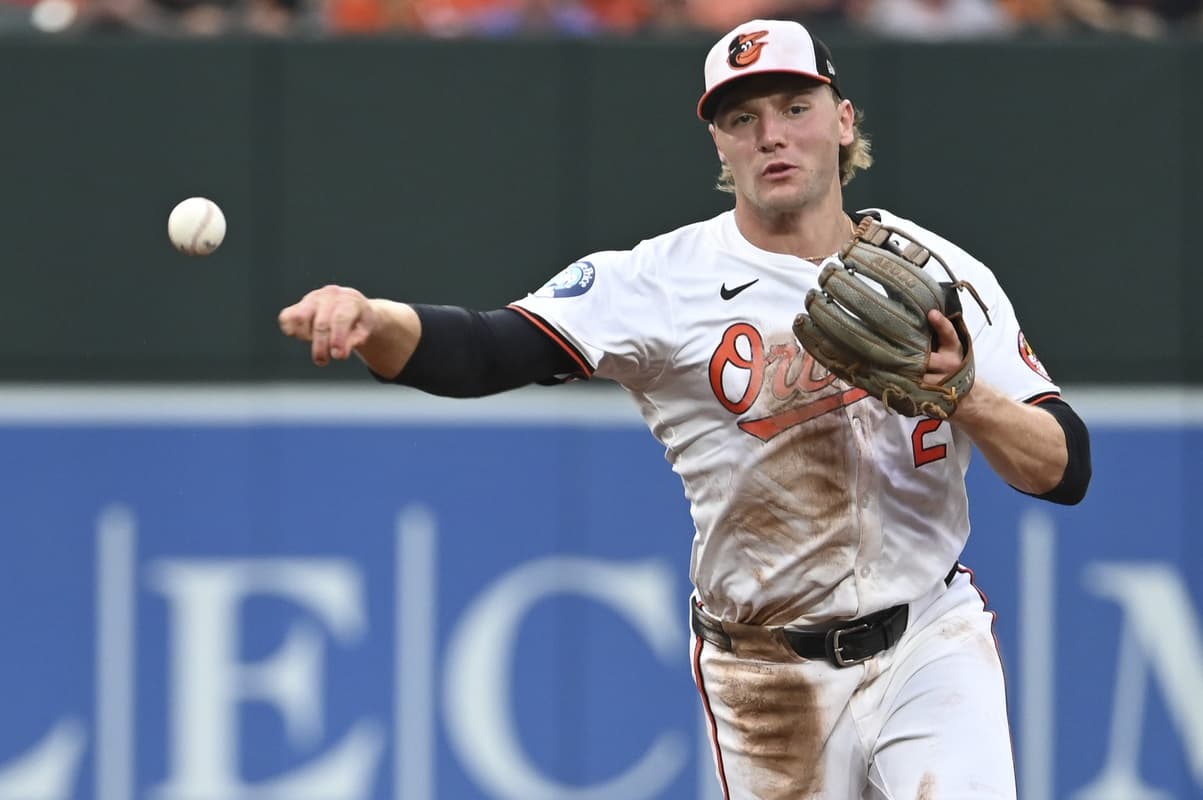 Baltimore Orioles shortstop Gunnar Henderson (2) throws to first base during the second inning against the Toronto Blue Jays at Oriole Park at Camden Yards.