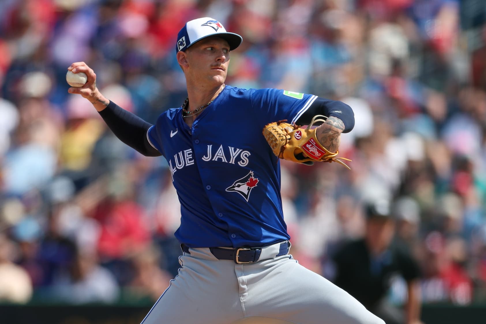 Toronto Blue Jays pitcher Bowden Francis (44) throws a pitch against the Philadelphia Phillies in the third inning during spring training at BayCare Ballpark.