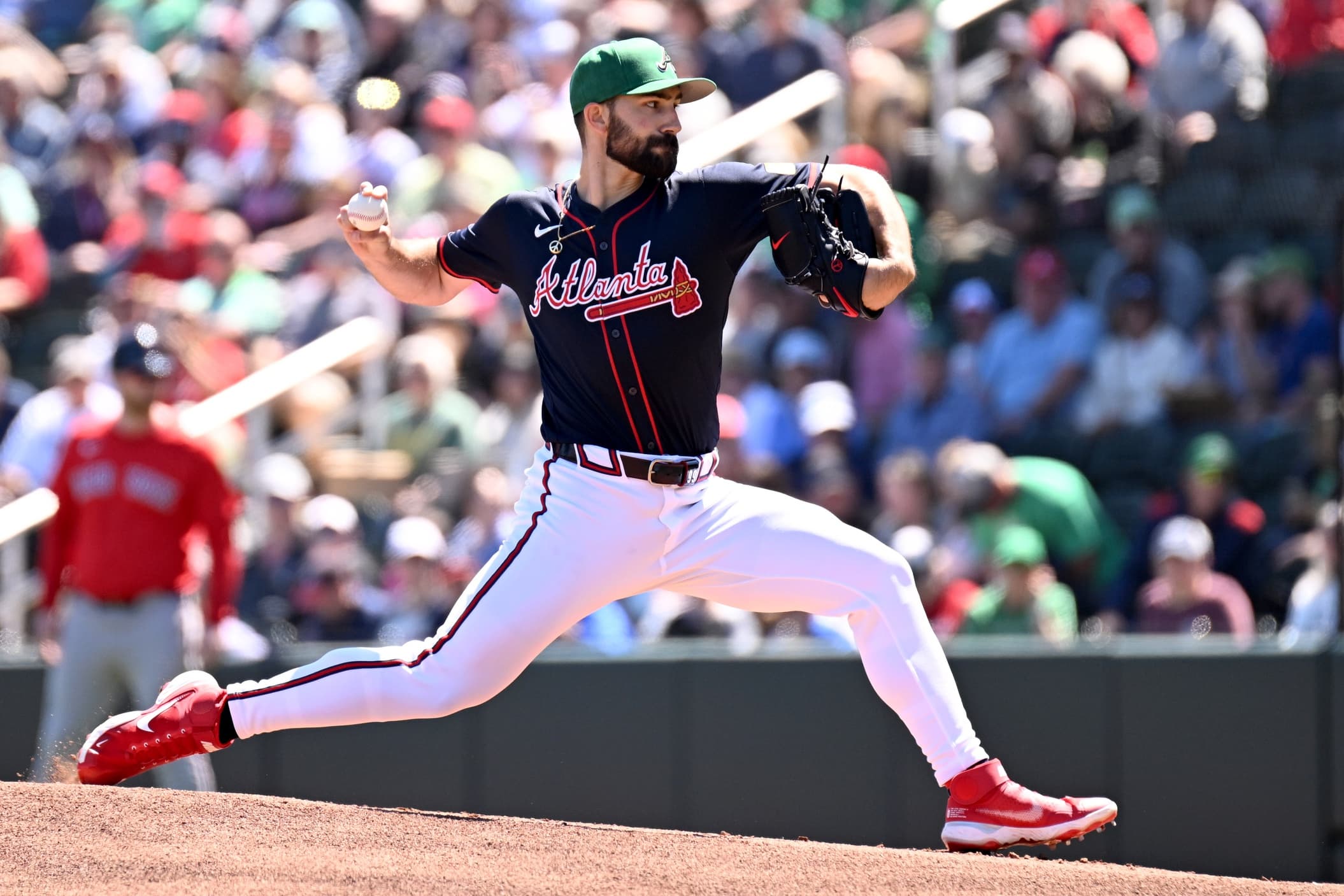 Atlanta Braves starting pitcher Spencer Strider (99) throws a pitch in the first inning against the Boston Red Sox during spring training at CoolToday Park.
