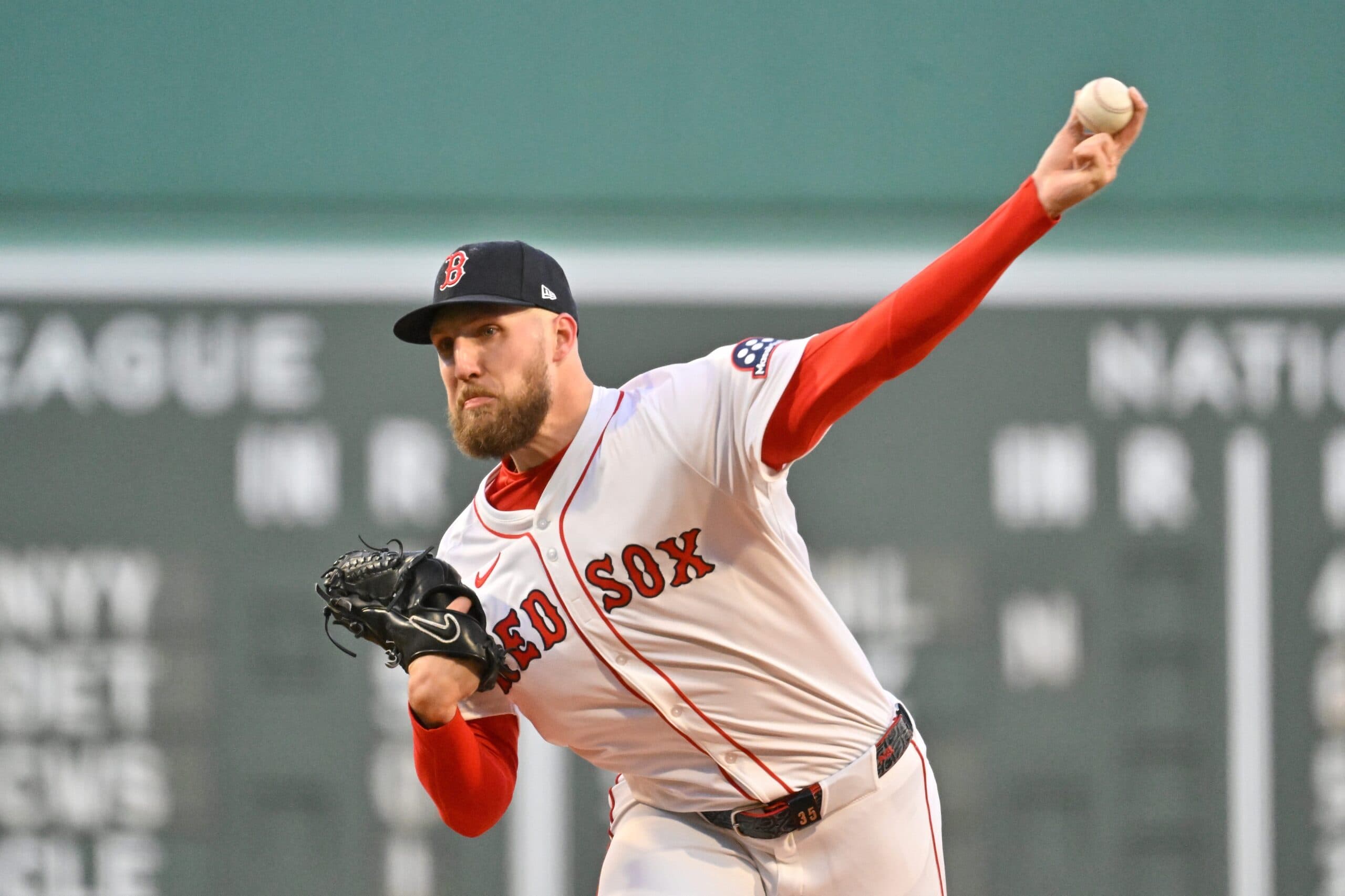Boston Red Sox starting pitcher Garrett Crochet (35) pitches against the Toronto Blue Jays during the first inning at Fenway Park.