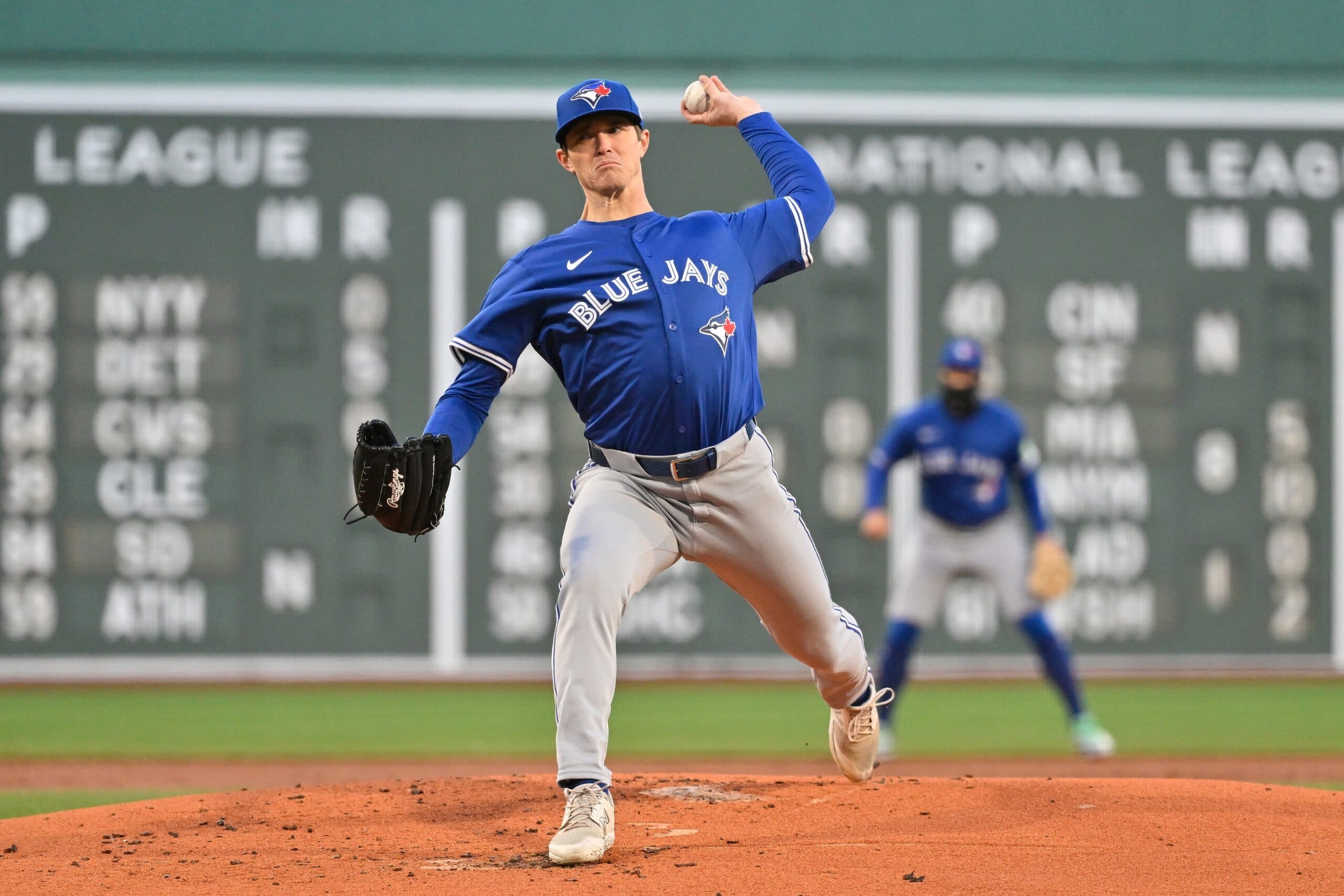 Toronto Blue Jays starting pitcher Easton Lucas (62) pitches against the Boston Red Sox during the first inning at Fenway Park.