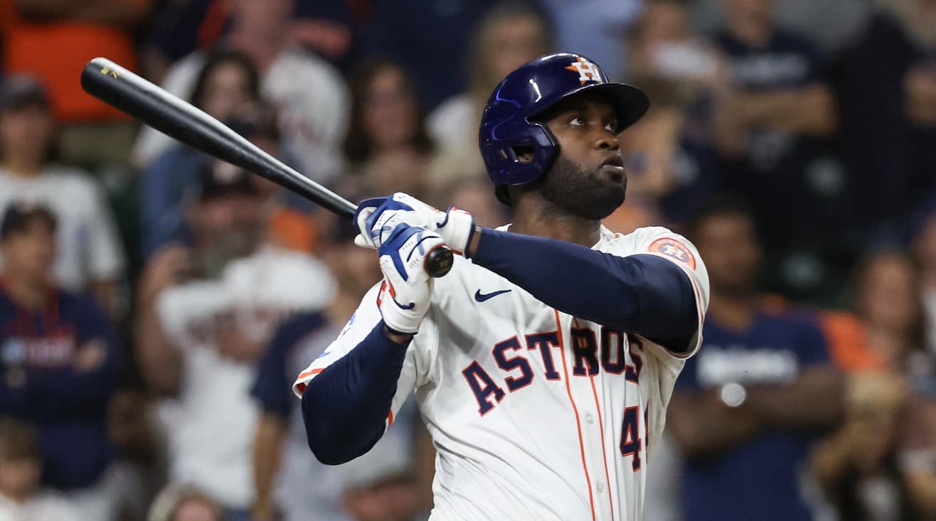 Houston Astros left fielder Yordan Alvarez (44) hits a RBI sacrifice against the San Diego Padres in the fifth inning at Daikin Park.