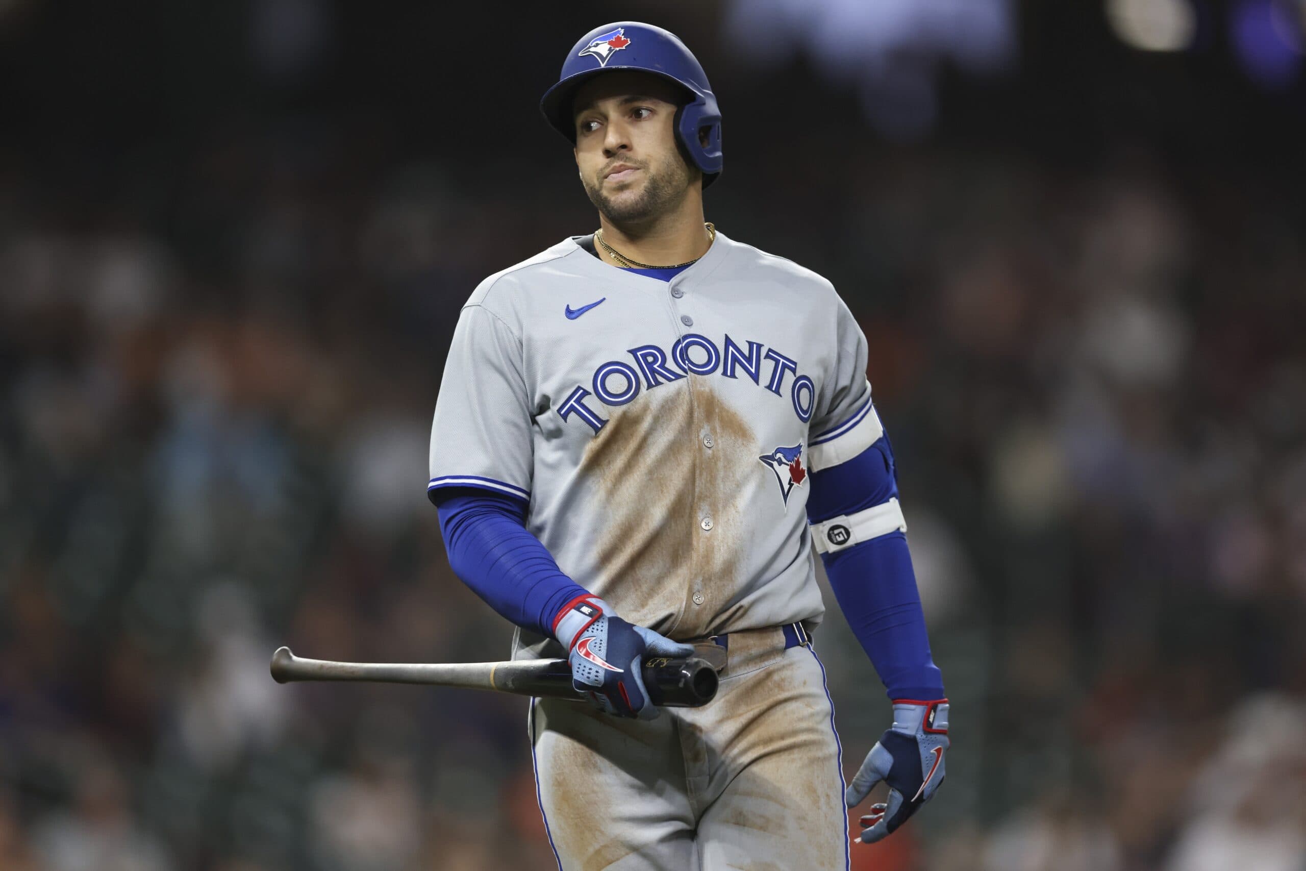 Toronto Blue Jays right fielder George Springer (4) reacts after lining out during the seventh inning against the Houston Astros at Daikin Park.