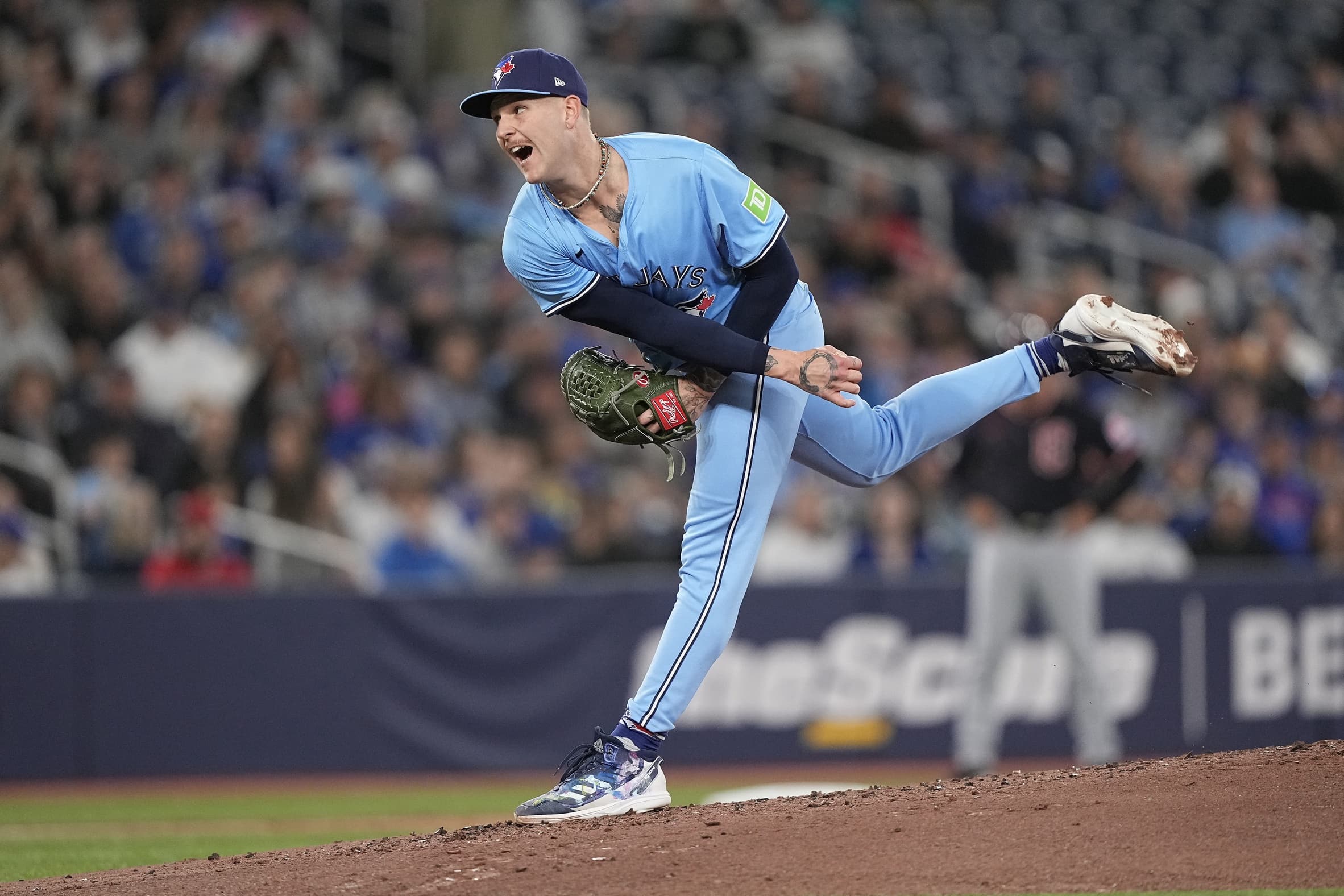 Toronto Blue Jays starting pitcher Bowden Francis (44) pitches to the Cleveland Guardians during the third inning at Rogers Centre.