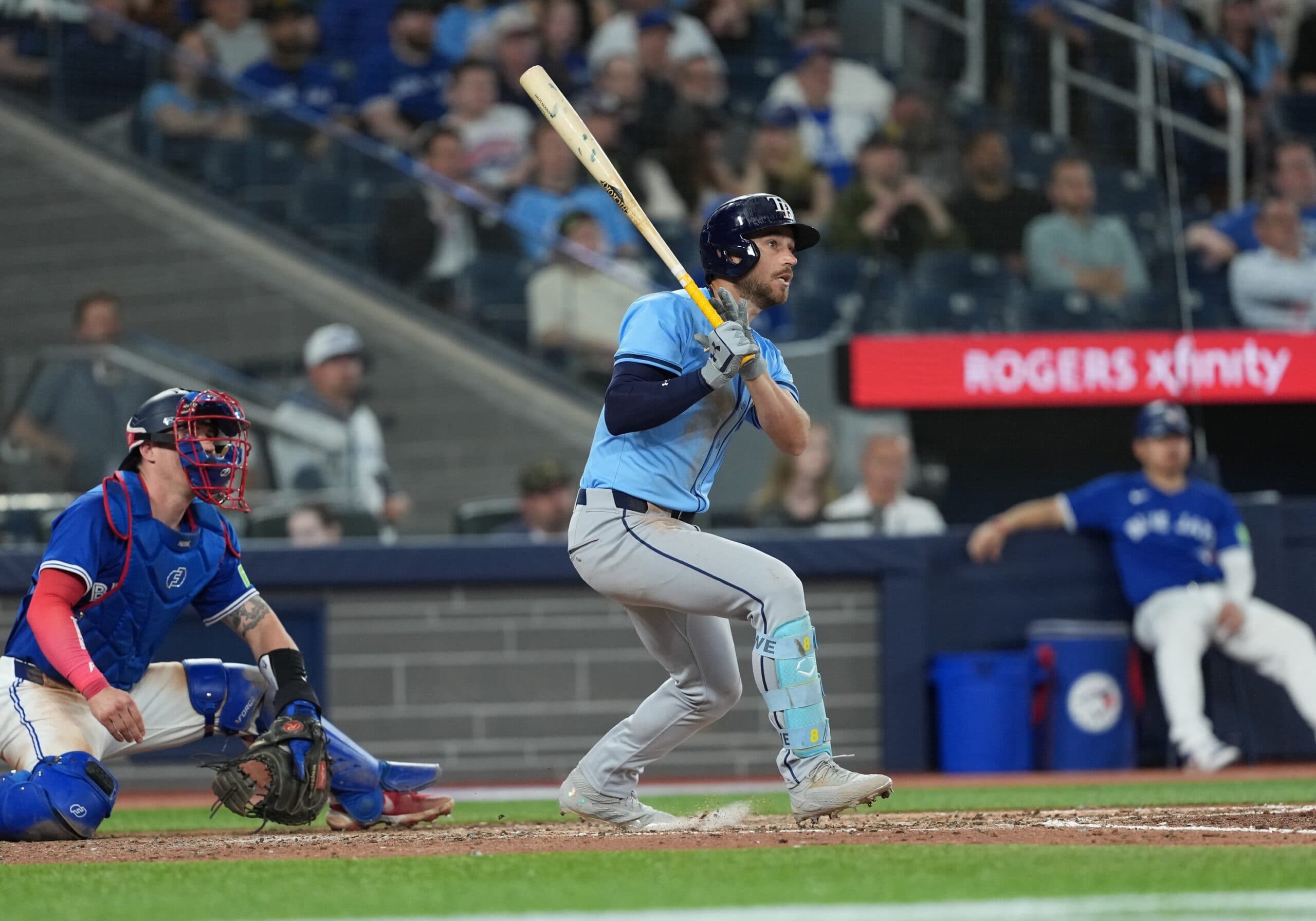 Tampa Bay Rays designated hitter Brandon Lowe (8) reacts after hitting a single against the Toronto Blue Jays during the ninth inning at Rogers Centre.