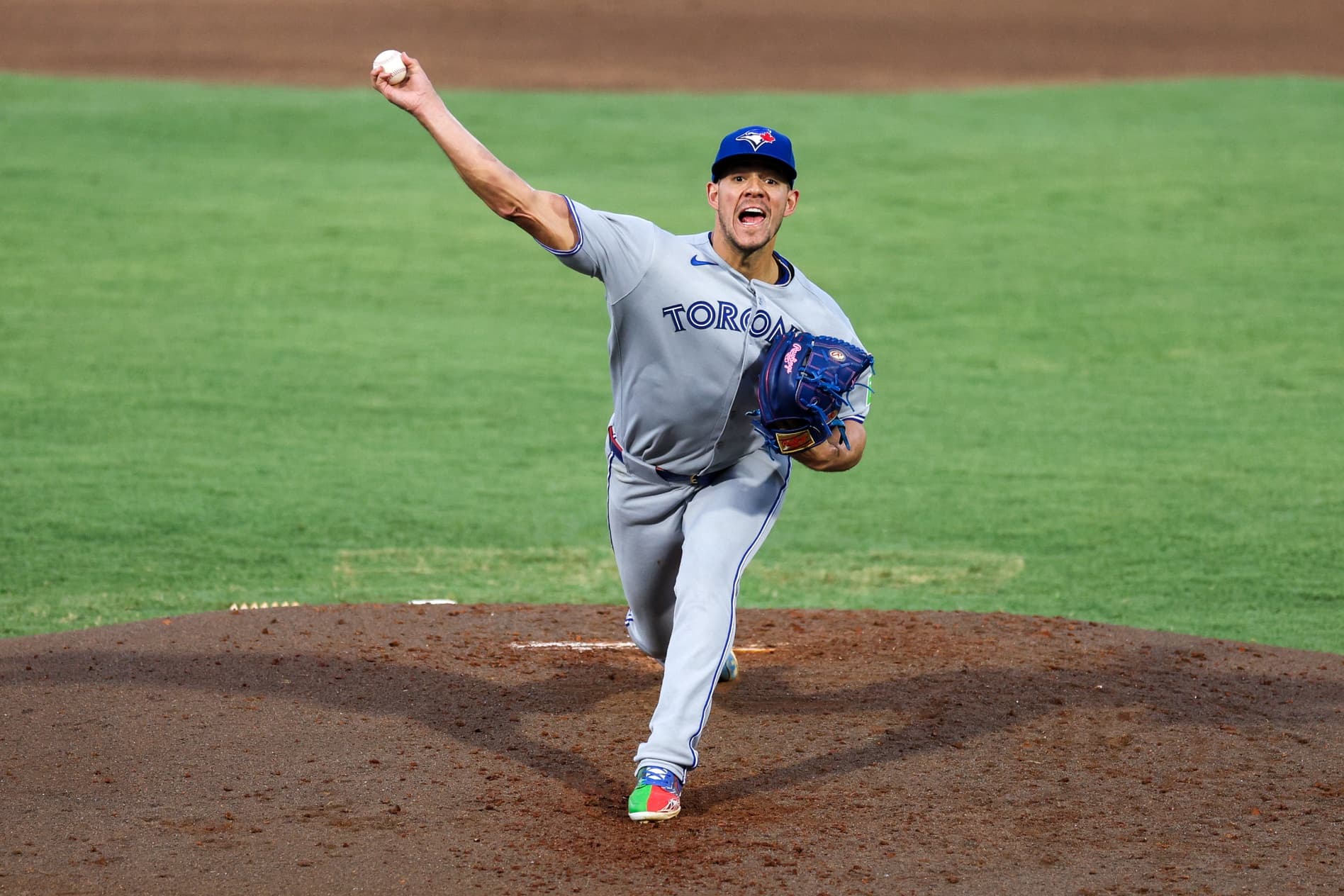 Toronto Blue Jays starting pitcher Jose Berrios (17) throws a pitch against the Tampa Bay Rays in the fourth inning at George M. Steinbrenner Field.