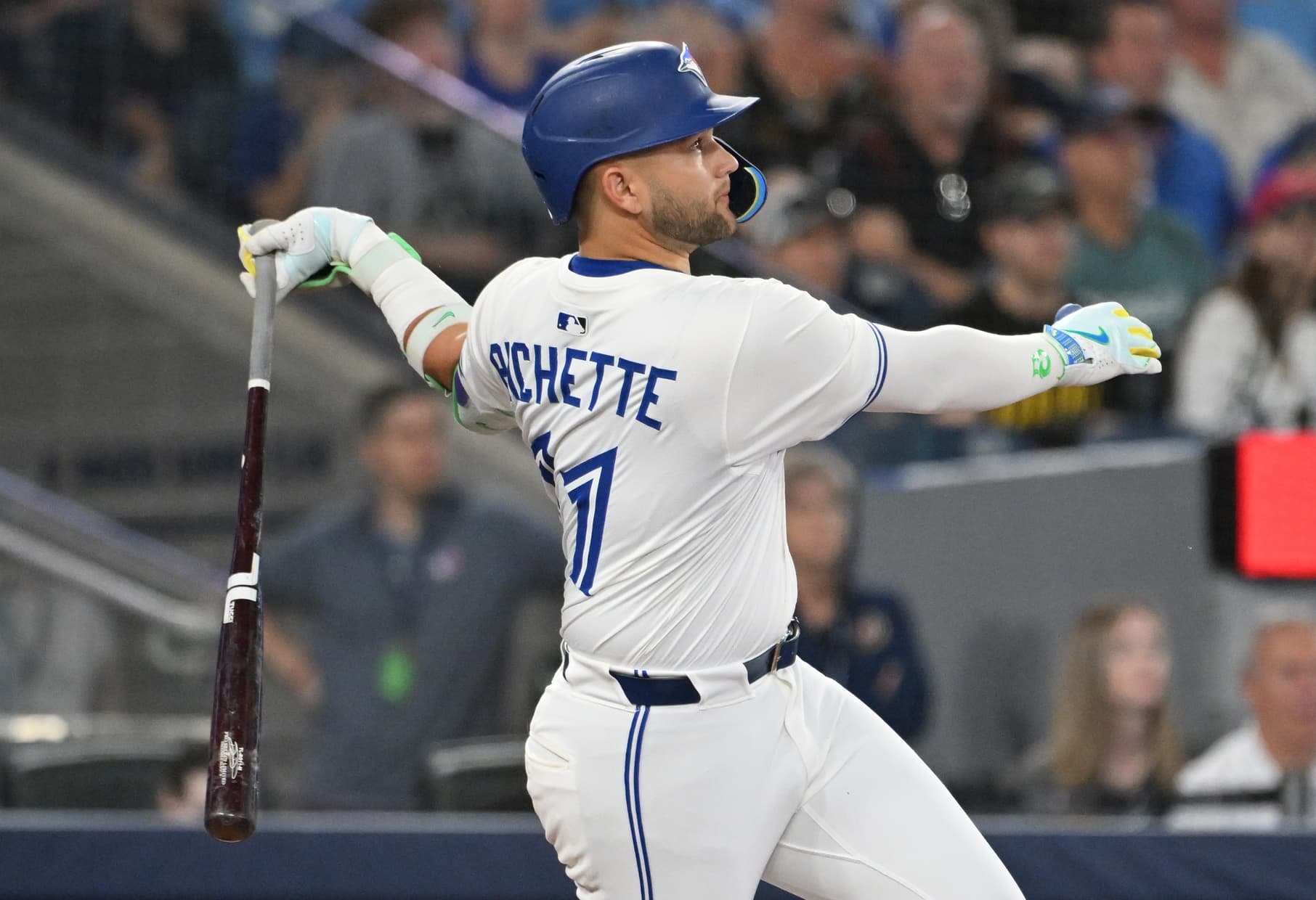 Toronto Blue Jays shortstop Bo Bichette (11) hits a double against the Philadelphia Phillies in the sixth inning at Rogers Centre.