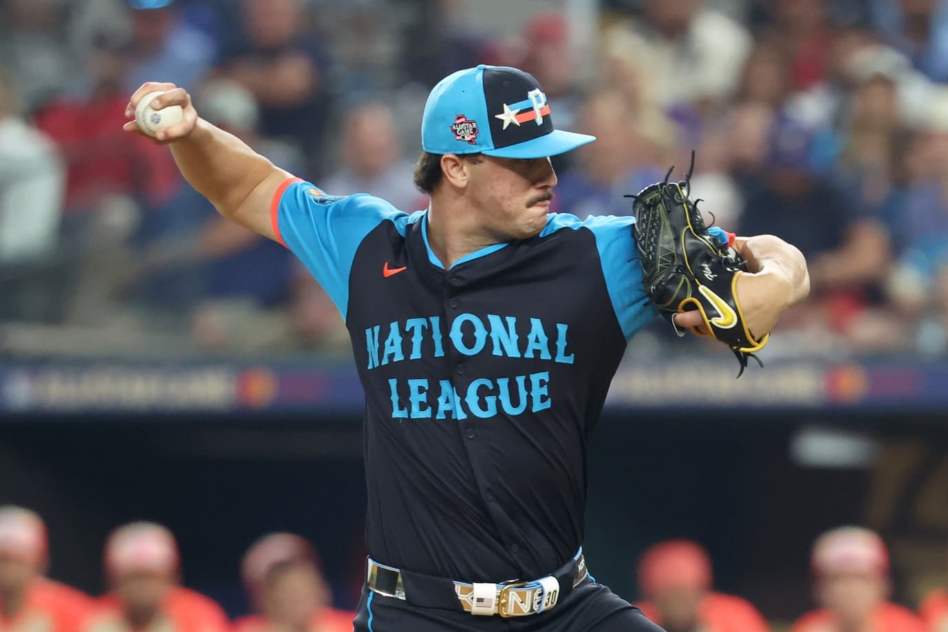 National League pitcher Paul Skenes of the Pittsburgh Pirates (30) pitches against the American League in the first inning during the 2024 MLB All-Star game at Globe Life Field