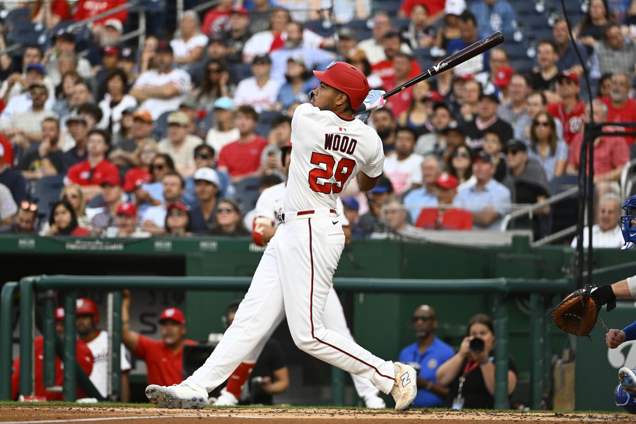 Washington Nationals left fielder James Wood (29) hits a RBI sacrifice fly against the Chicago Cubs during the third inning at Nationals Park.