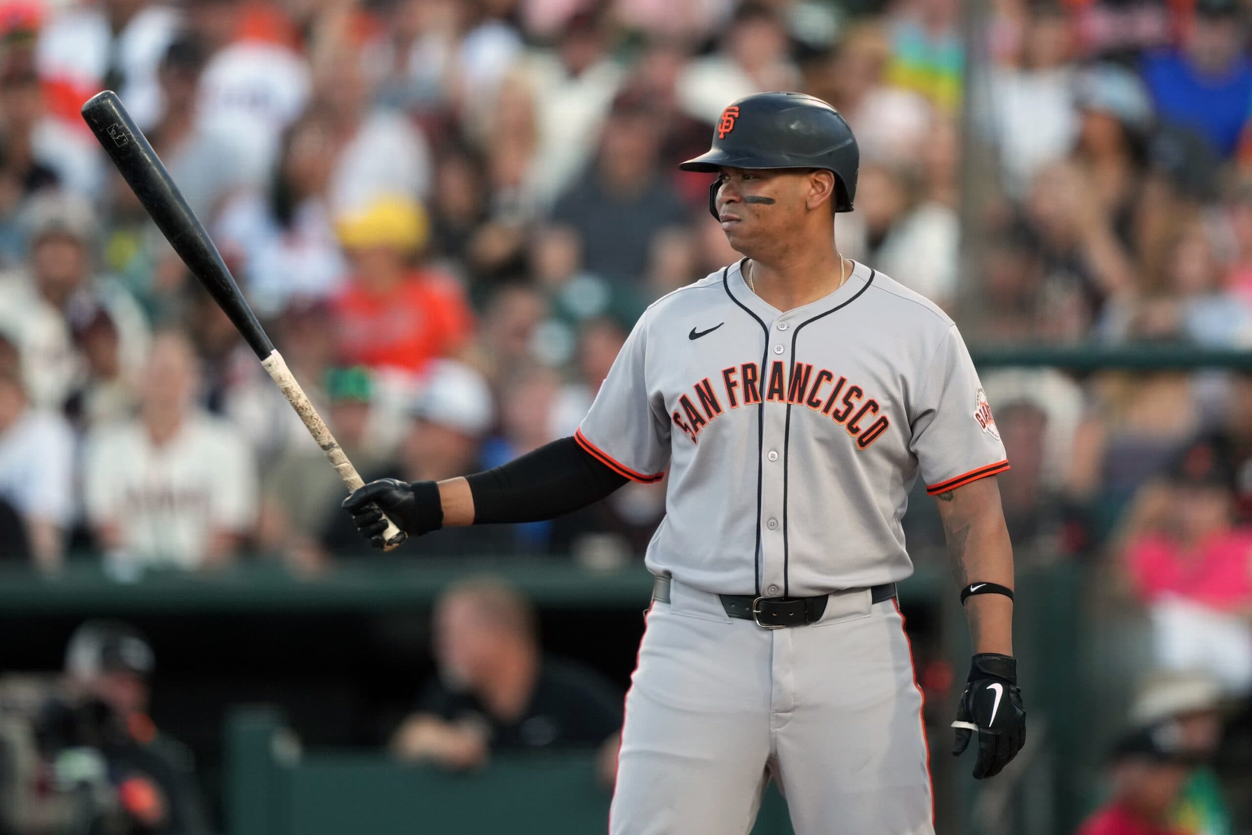 San Francisco Giants designated hitter Rafael Devers (16) bats during the third inning against the Athletics at Sutter Health Park.