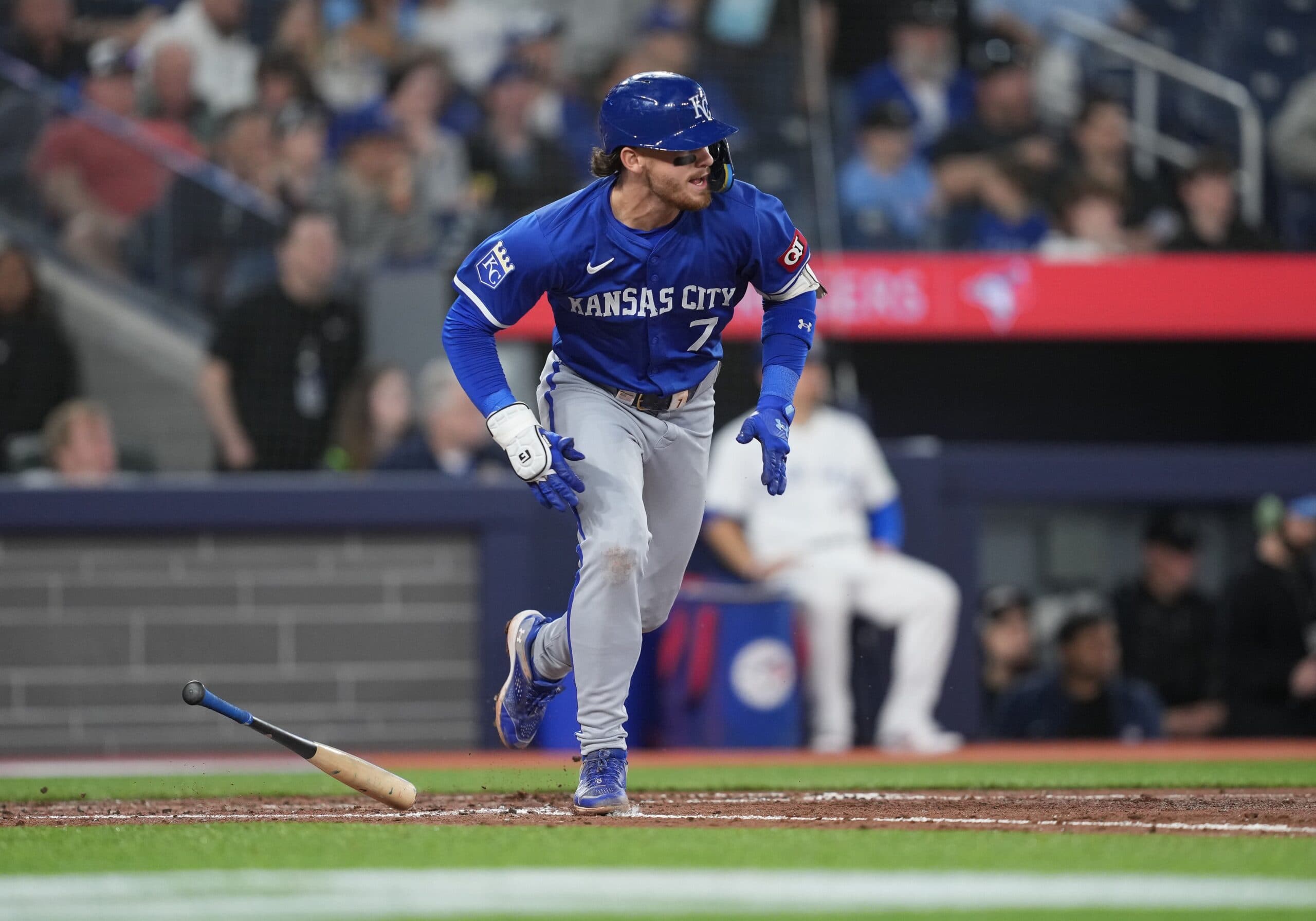 Kansas City Royals shortstop Bobby Witt Jr. (7) hits an RBI single against the Toronto Blue Jays during the sixth inning at Rogers Centre.