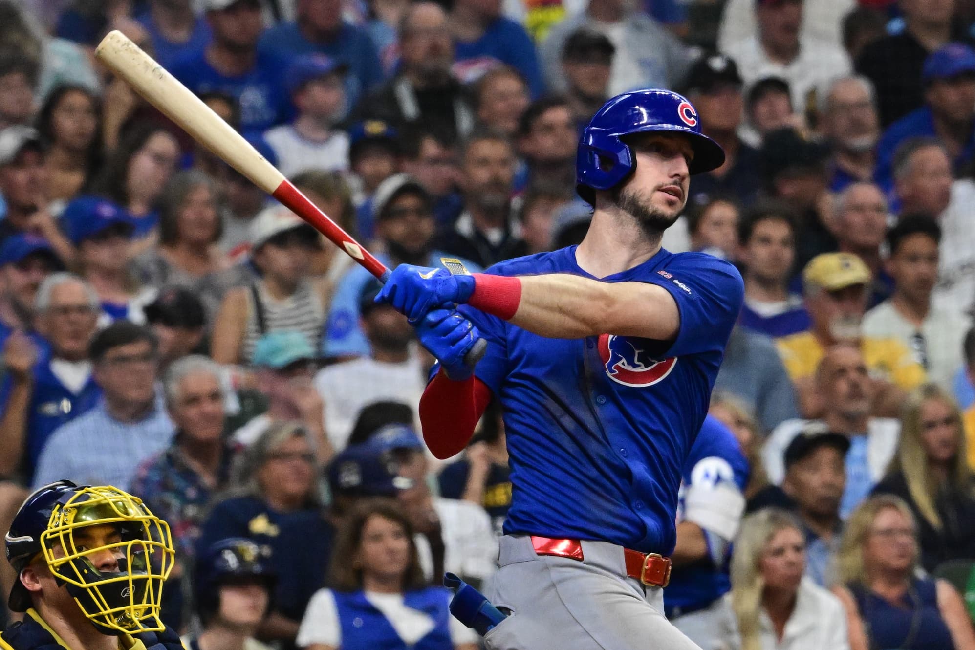 Chicago Cubs right fielder Kyle Tucker (30) hits a double to drive in two runs in the sixth inning against the Milwaukee Brewers at American Family Field.