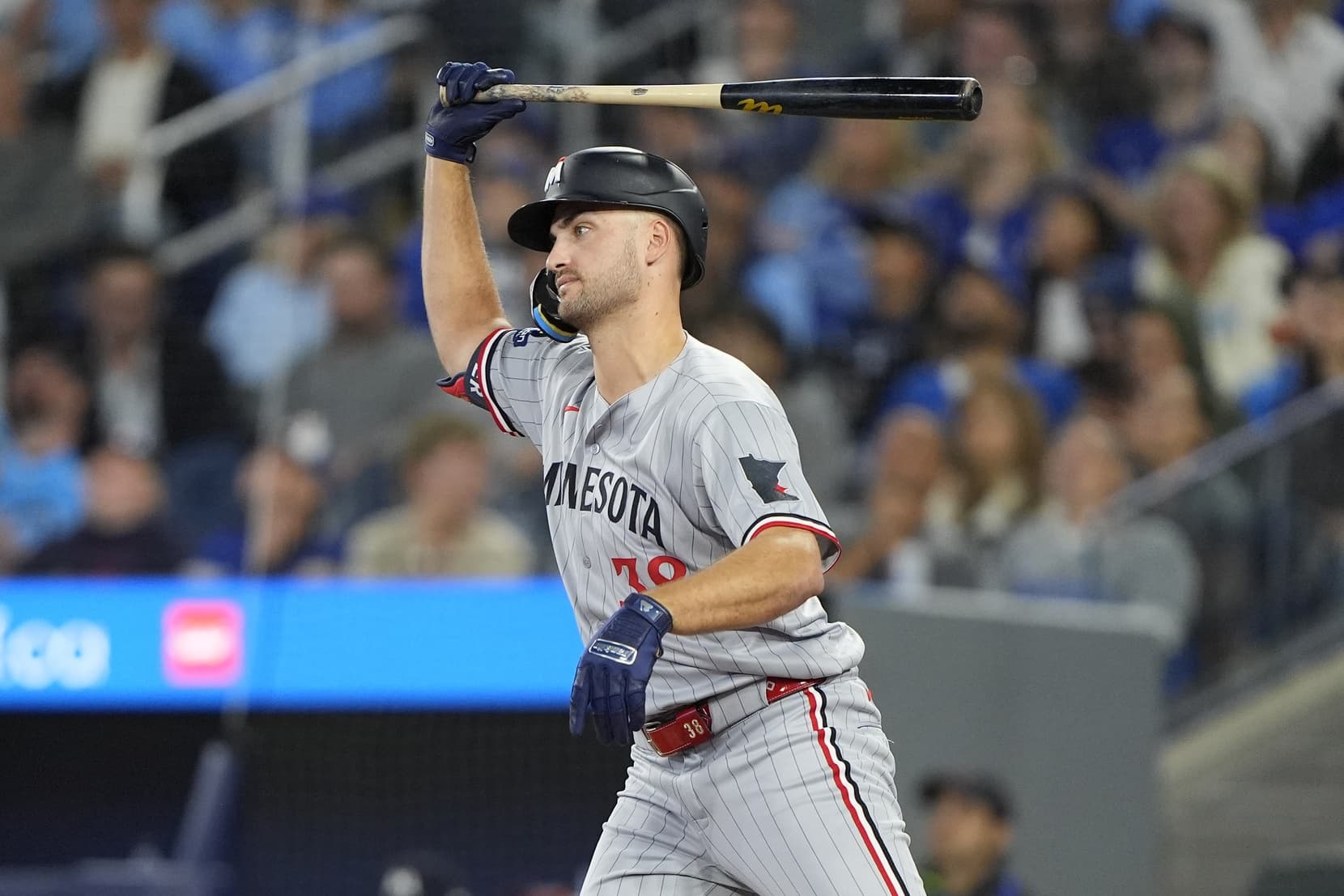 Minnesota Twins right fielder Matt Wallner (38) reacts after hitting a fly ball to the Toronto Blue Jays during the eighth inning at Rogers Centre.