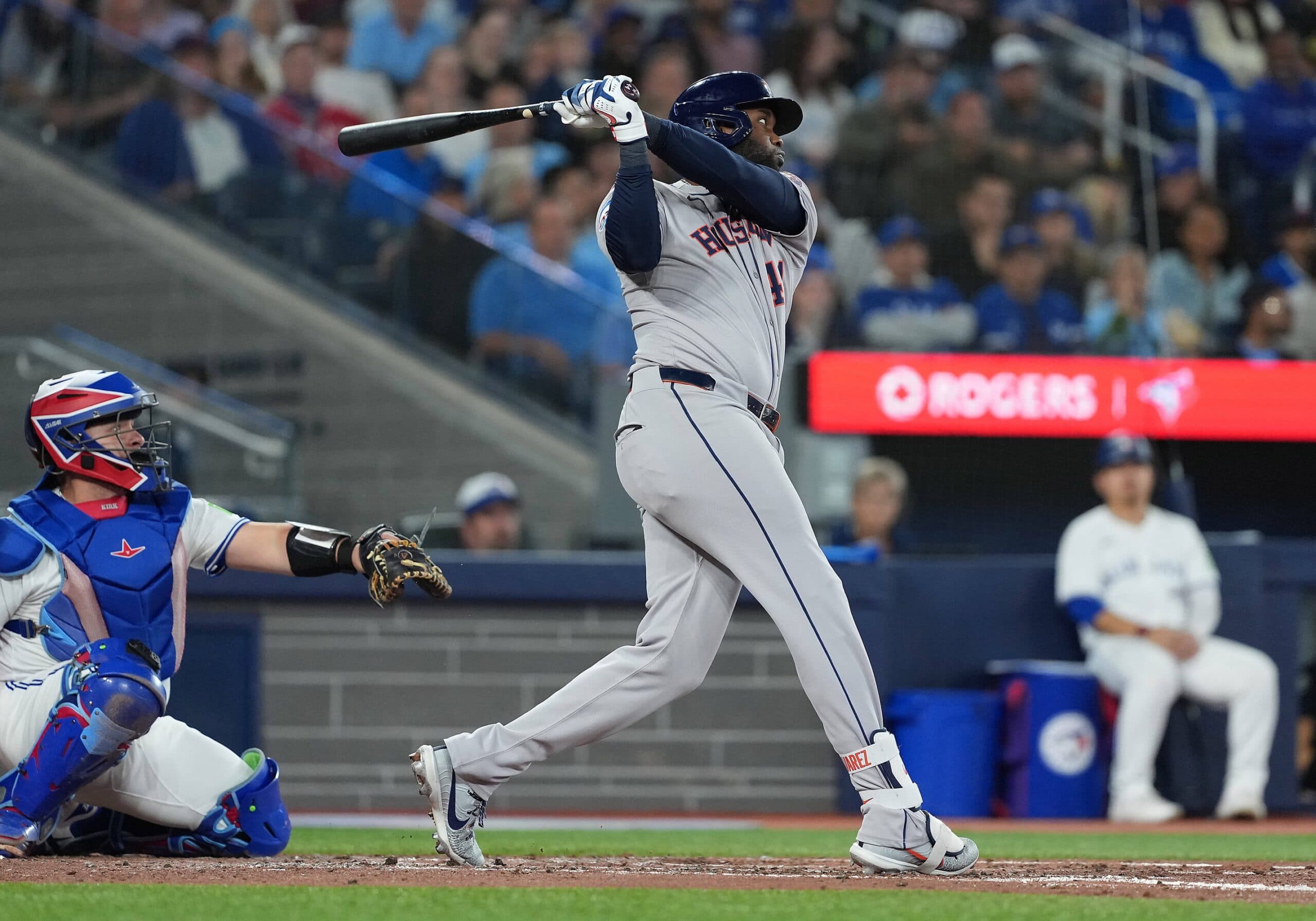 Houston Astros designated hitter Yordan Alvarez (44) hits a double against the Toronto Blue Jays during the fifth inning at Rogers Centre.