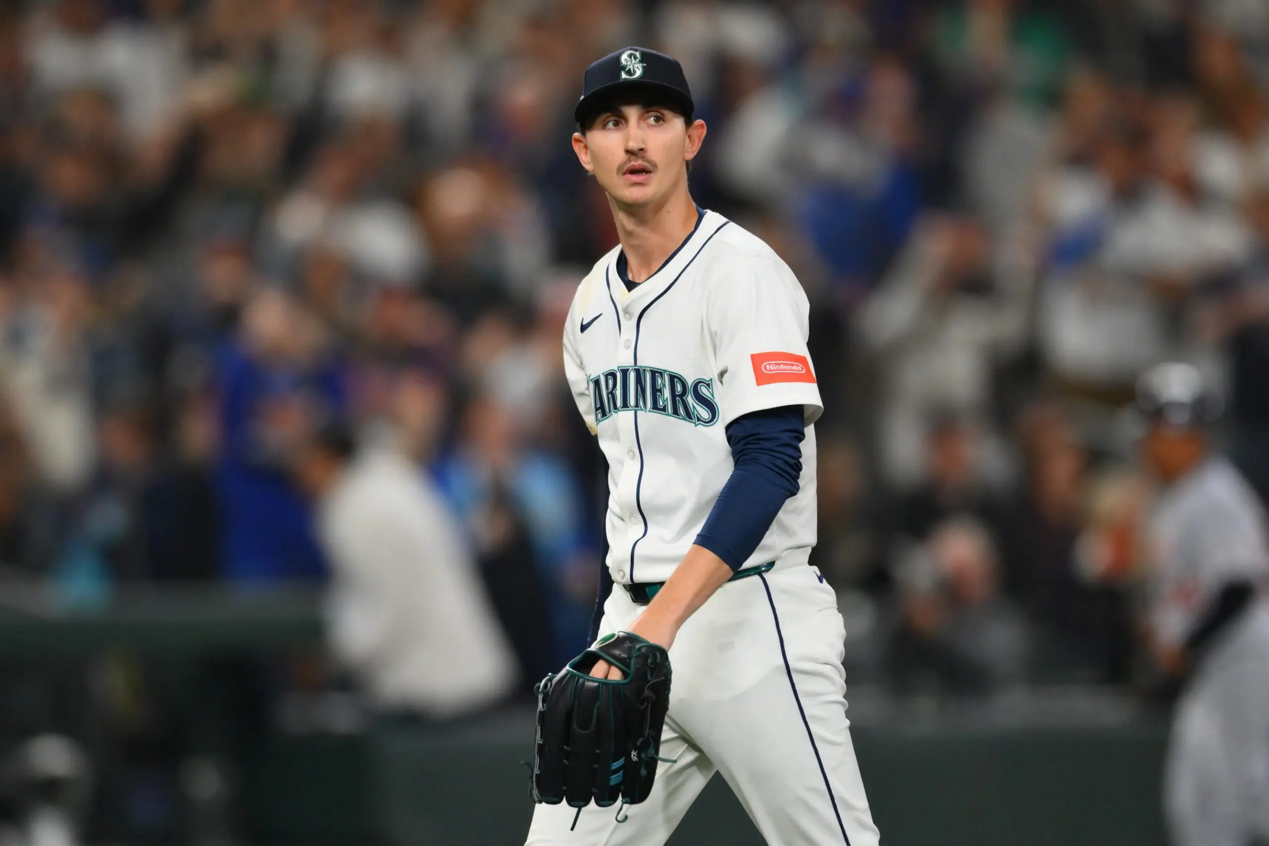 Seattle Mariners starting pitcher George Kirby (68) reacts after striking out the side against the Detroit Tigers in the fifth inning during game five of the ALDS round for the 2025 MLB playoffs at T-Mobile Park.