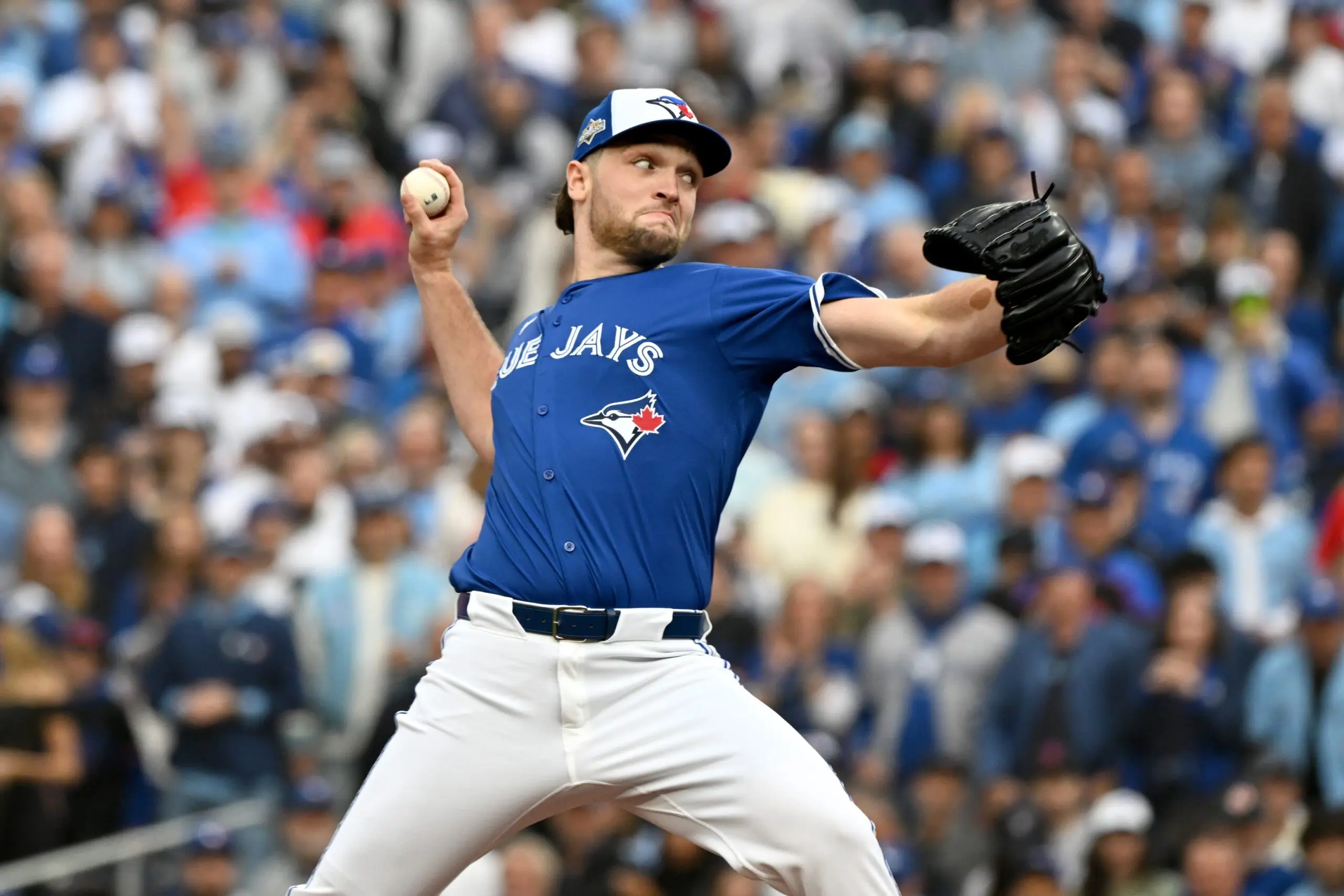 Toronto Blue Jays pitcher Trey Yesavage (39) pitches against the Seattle Mariners in the first inning during game two of the ALCS round for the 2025 MLB playoffs at Rogers Centre.