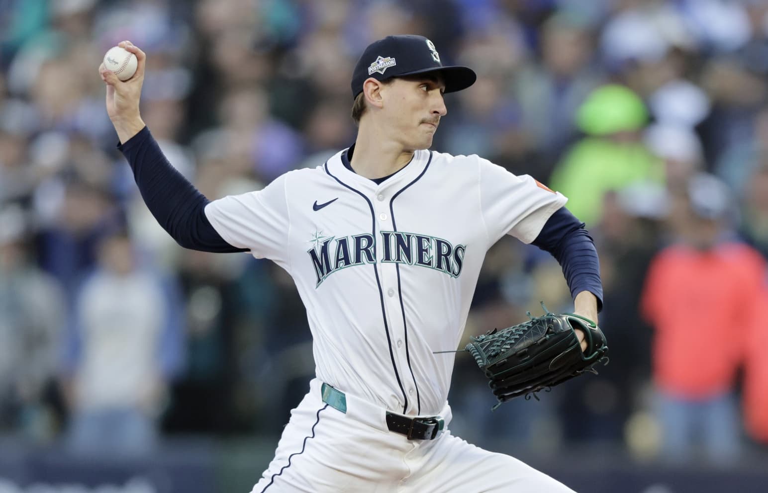 Seattle Mariners pitcher George Kirby (68) throws in the first inning during game three of the ALCS round for the 2025 MLB playoffs at T-Mobile Park.