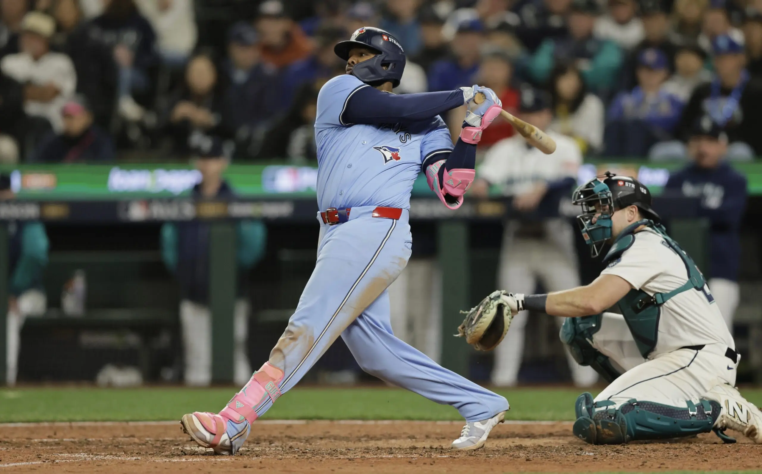 Toronto Blue Jays first baseman Vladimir Guerrero Jr. (27) doubles in the eighth inning against the Seattle Mariners during game three of the ALCS round for the 2025 MLB playoffs at T-Mobile Park.